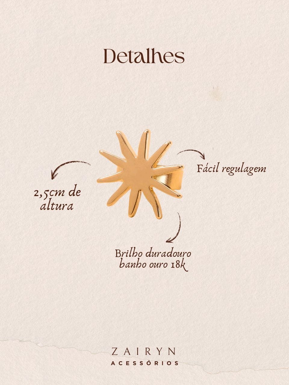 Anel Sunny Regulável Ouro 18k